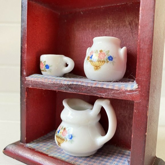 Miniature Dollhouse Wood Cupboard with Ceramic  Pitcher Jar Cup - Picture 10 of 11